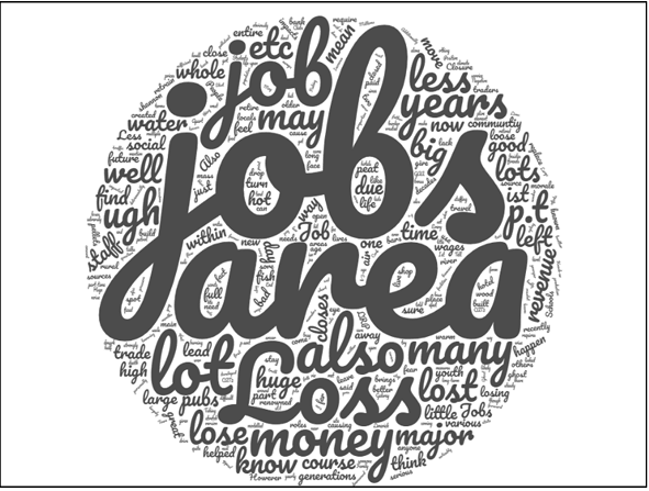 A word map showing community impacts of the closure of the Lough Ree Power Plant and Bord na Móna peat business